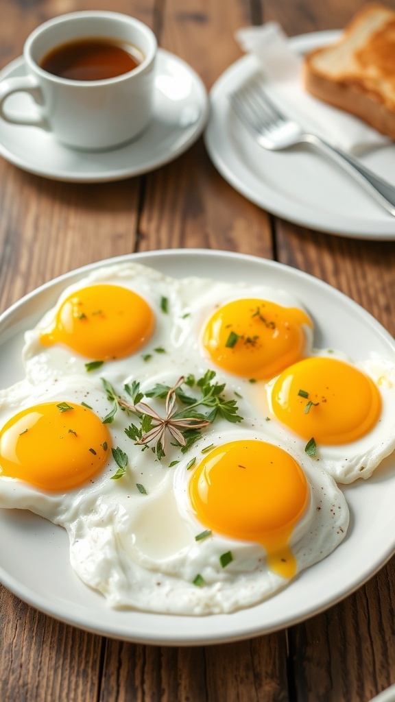 SCP-049 Egg Recipe Two sunny-side up eggs on a plate, garnished with herbs, on a rustic table with coffee and toast.